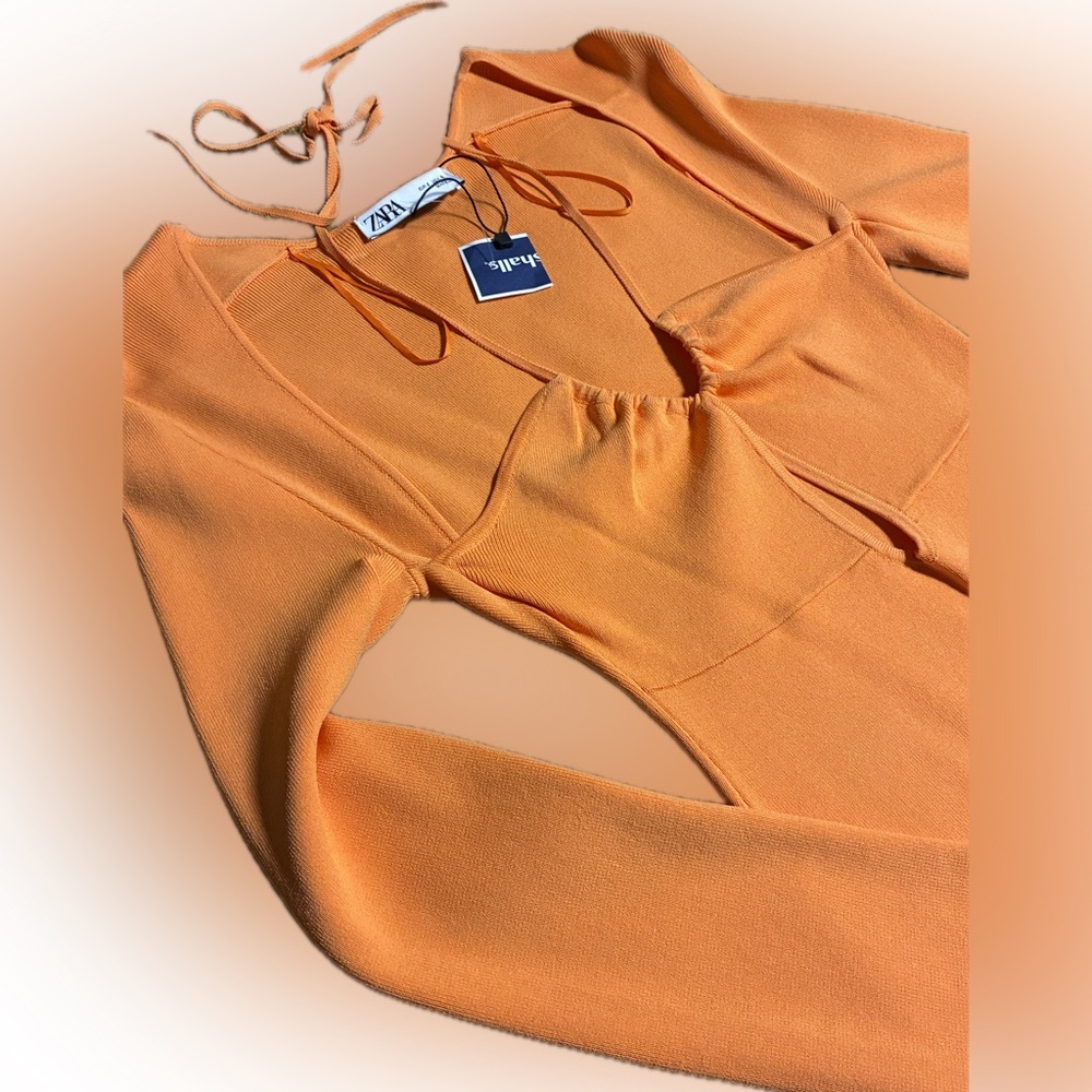 ZARA Knit Long Sleeve Tie-Front Bodysuit – vibrant bright Orange | Size S | NWT - Picture 1 of 11
